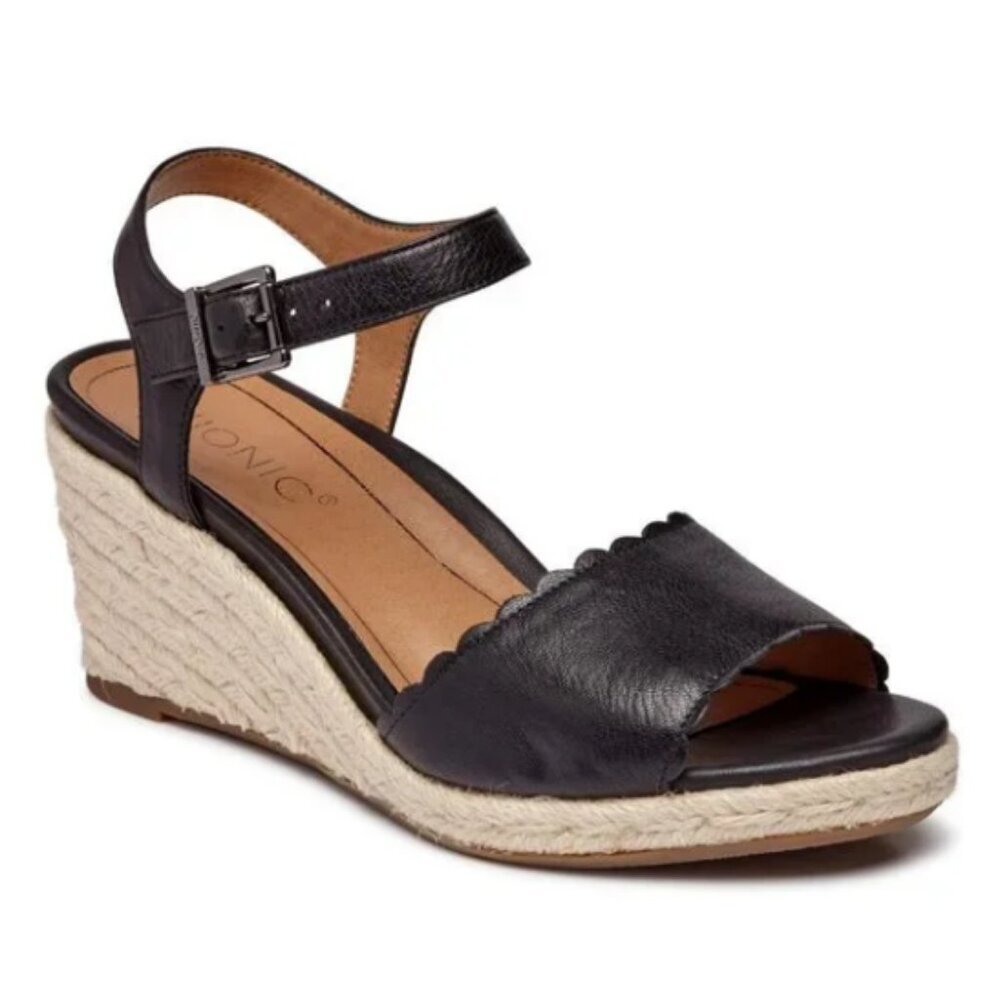 VIONIC Tulum Stephany Espadrille Wedge Sandal Black Jute 9 Summer Ankle Strap